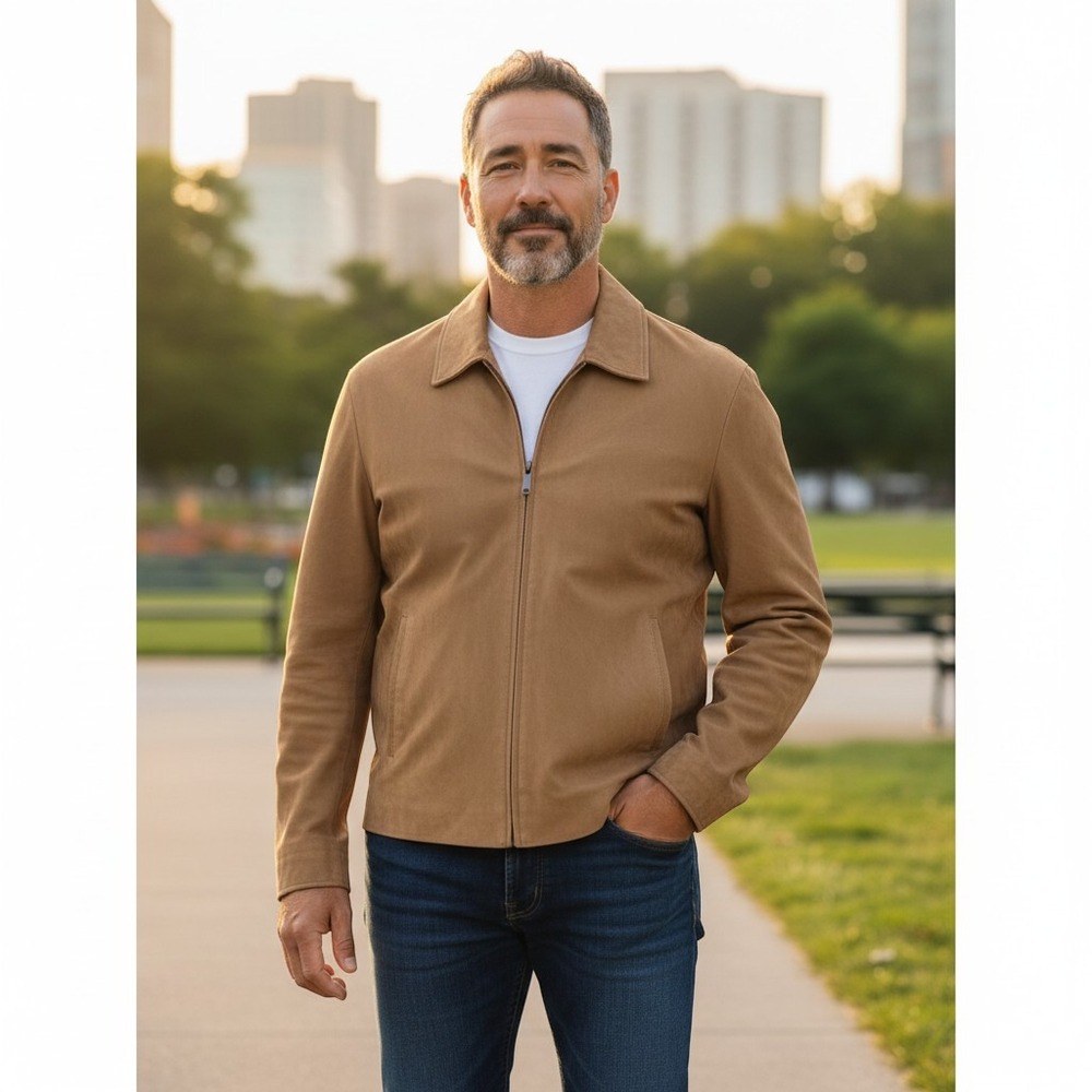 Vintage Izod Genuine Suede Leather Bomber Jacket Men Large Tan Full Zip Pockets